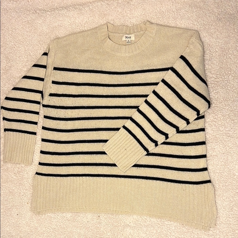 Classic Cream and Black Striped Crewneck Sweater